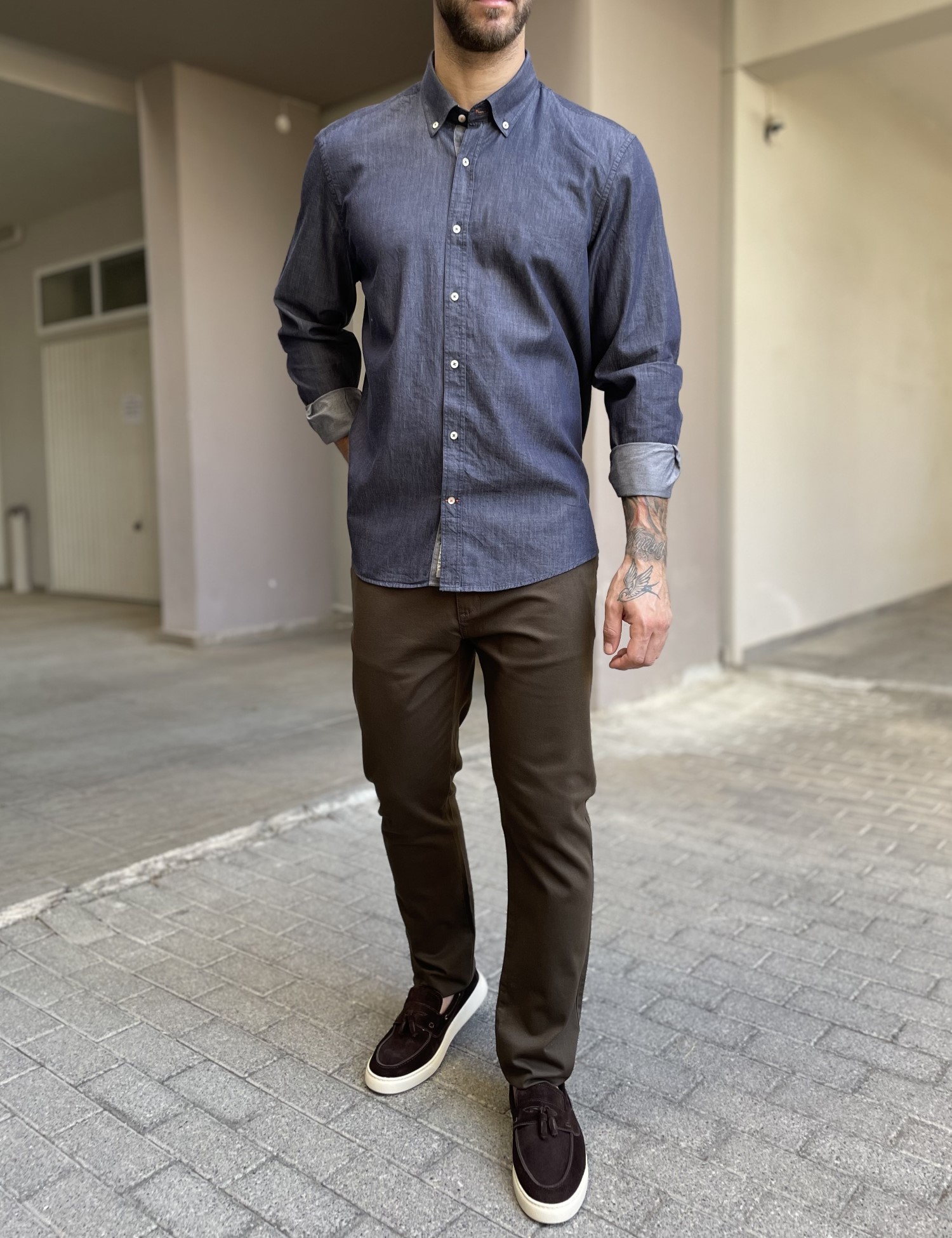 Ανδρικό μπλε με όψη denim βαμβακερό πουκάμισο με γιακά 2077B φωτογραφία